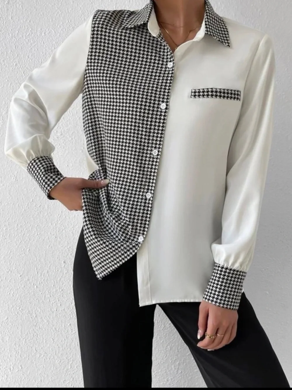 Shein Women's Two-Tone Houndstooth Contrast Button-Up Shirt - White/Black